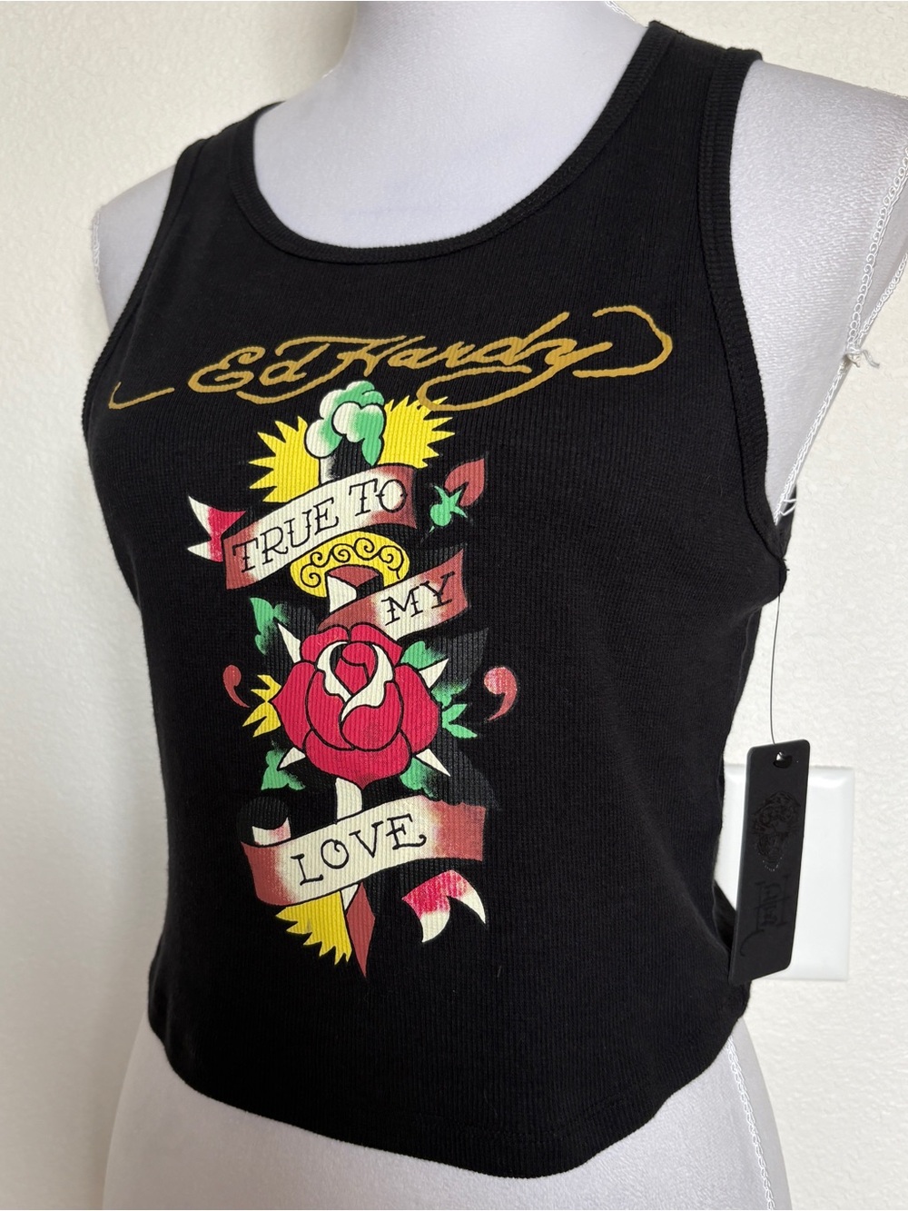 NWT Ed Hardy True Love Black Ribbed Crop Tank Top L
